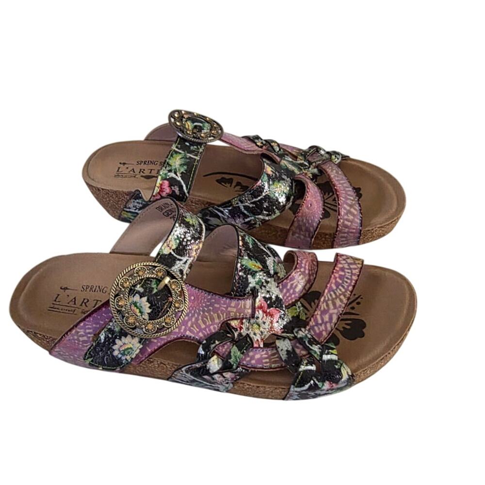 L'Artiste Women's Pink Navy Spring Step Swan Slide Sandals 41 10 Leather Floral
